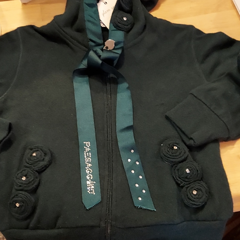 NEW PAESAGGino Glam Sport Green Embellished Zip Up Hooded Sweater Size‎ 6 Anni